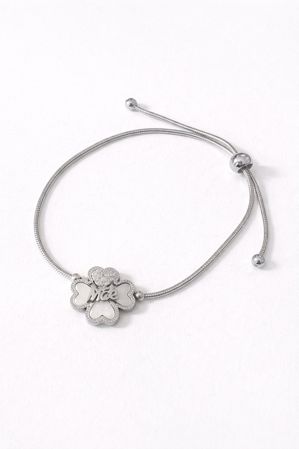26455552-6484-4478-99f3-79d7eb8a2b4c Pulseira ajustável em aço com pendente em forma de flor, inscrição Mãe e detalhes brilhantes